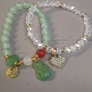 Green & Gold Beaded Bracelet Set, Buddah Charm